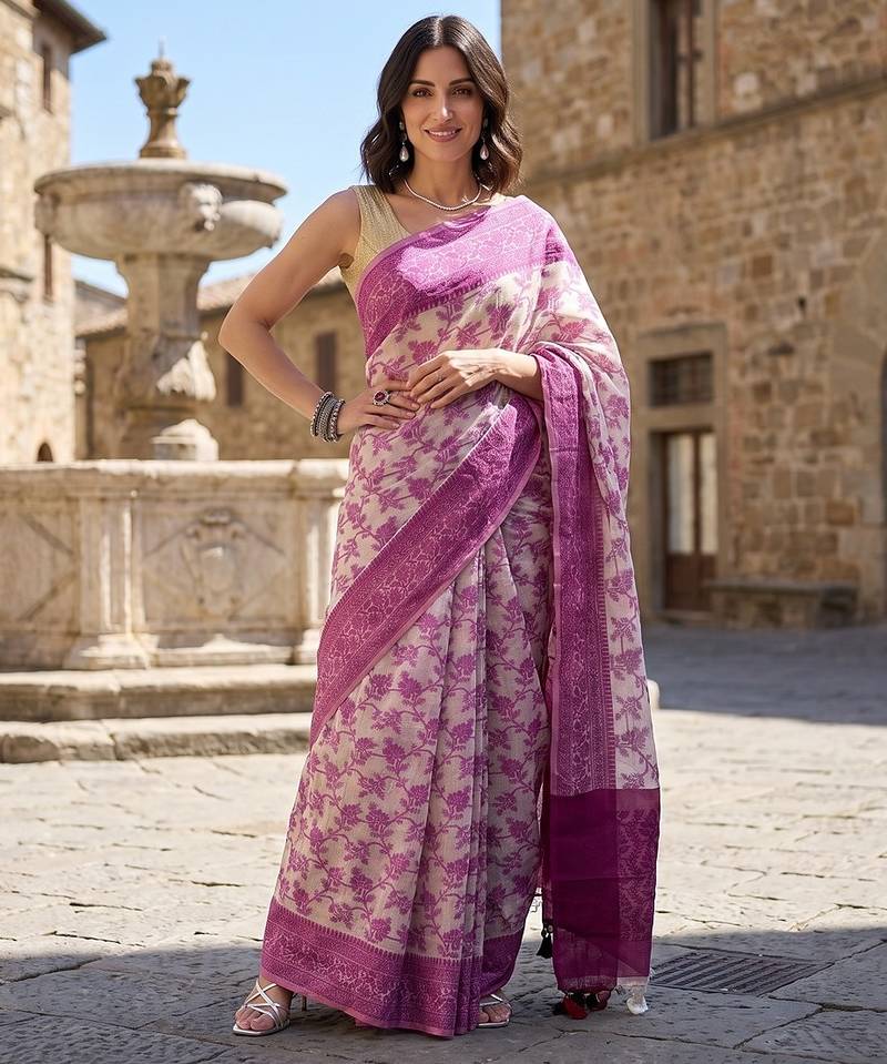 Magenta blended cotton woven saree with blouse