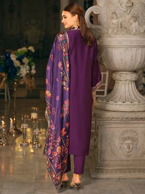 Purple embroidered silk blend kurta trouser dupatta set 2