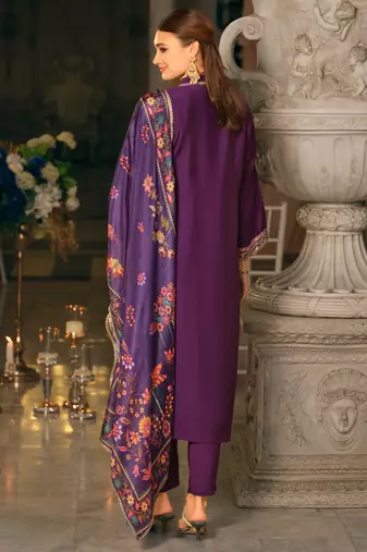 Purple embroidered silk blend kurta trouser dupatta set