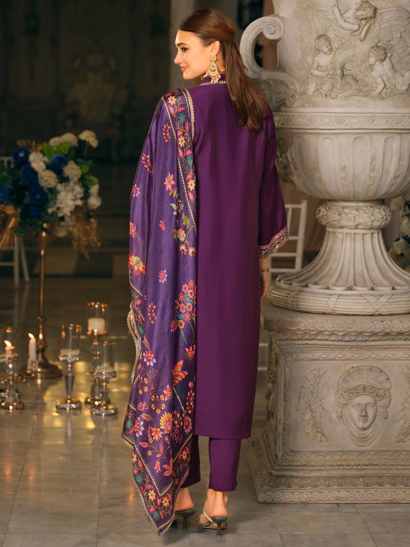 Purple embroidered silk blend kurta trouser dupatta set