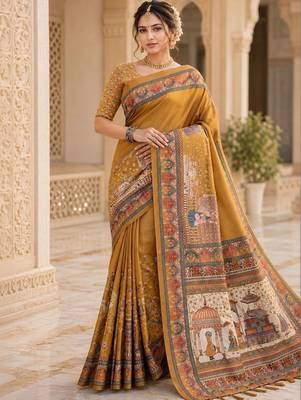 Mustard warli silk blend saree 1