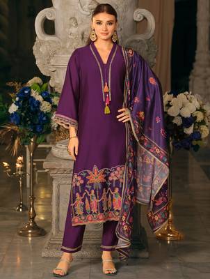 Purple embroidered silk blend kurta trouser dupatta set 3