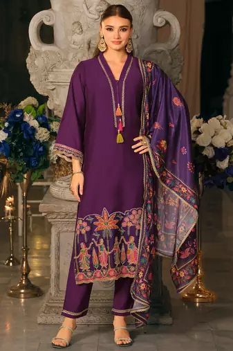 Purple embroidered silk blend kurta trouser dupatta set