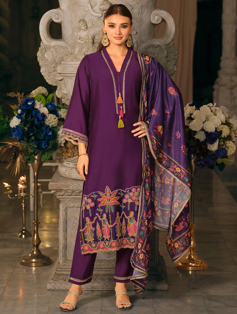 Purple embroidered silk blend kurta trouser dupatta set