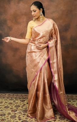 Pink pure tissue woven saree with blouse 1