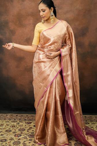 Pink pure tissue woven saree with blouse