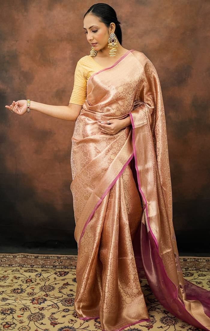Pink pure tissue woven saree with blouse