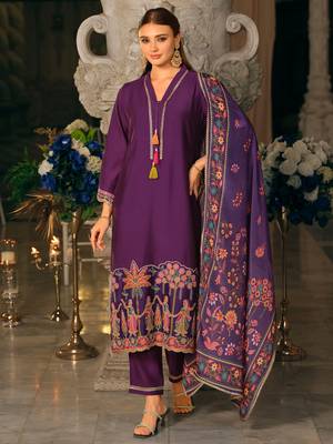 Purple embroidered silk blend kurta trouser dupatta set 4