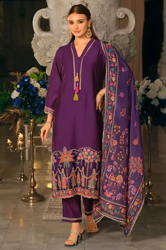 Purple embroidered silk blend kurta trouser dupatta set