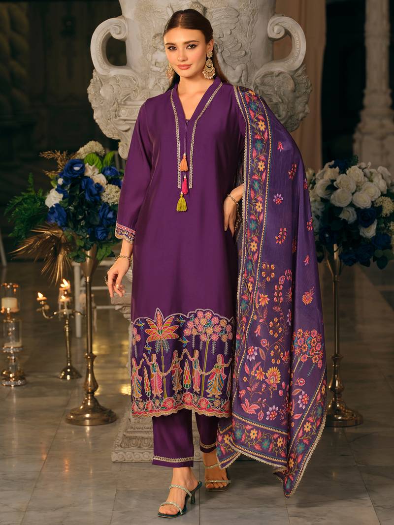 Purple embroidered silk blend kurta trouser dupatta set
