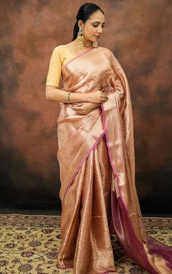 Pink pure tissue woven saree with blouse 4