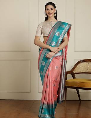Pink ethnic motifs woven design kanjeevaram saree with blouse 1