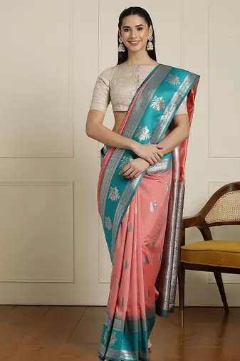 Pink ethnic motifs woven design kanjeevaram saree with blouse