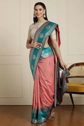 Pink ethnic motifs woven design kanjeevaram saree with blouse