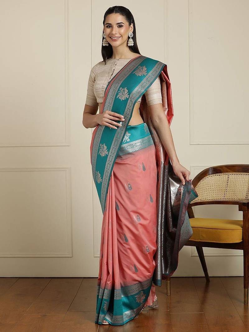 Pink ethnic motifs woven design kanjeevaram saree with blouse