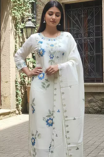 White embroidered pure cotton kurta trouser dupatta set
