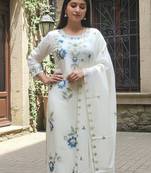White embroidered pure cotton kurta trouser dupatta set