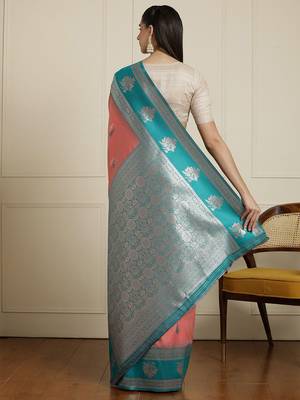 Pink ethnic motifs woven design kanjeevaram saree with blouse 3