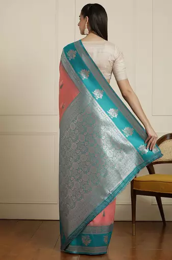Pink ethnic motifs woven design kanjeevaram saree with blouse