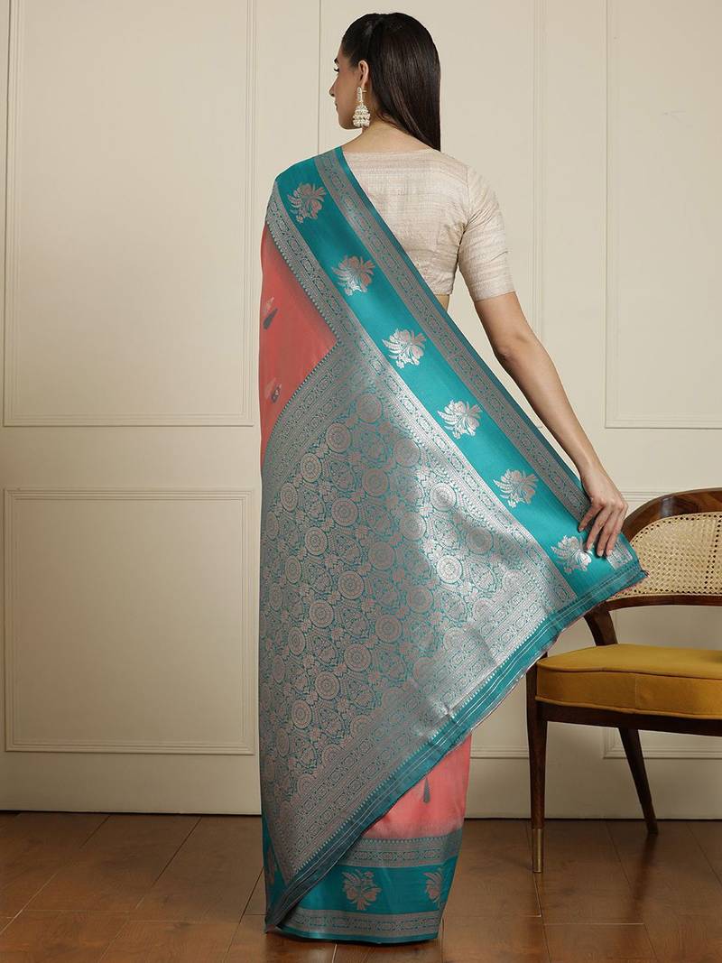 Pink ethnic motifs woven design kanjeevaram saree with blouse