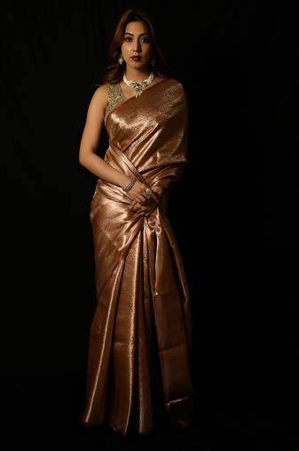 Rust pure tissue woven saree with blouse