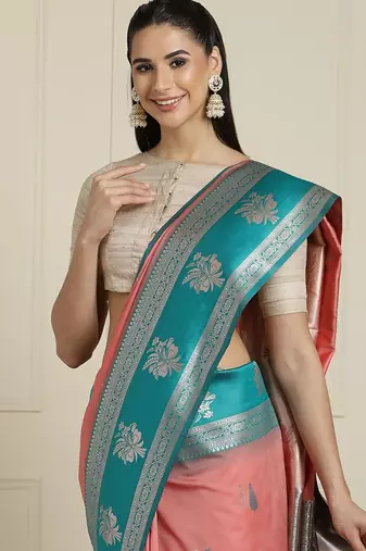 Pink ethnic motifs woven design kanjeevaram saree with blouse
