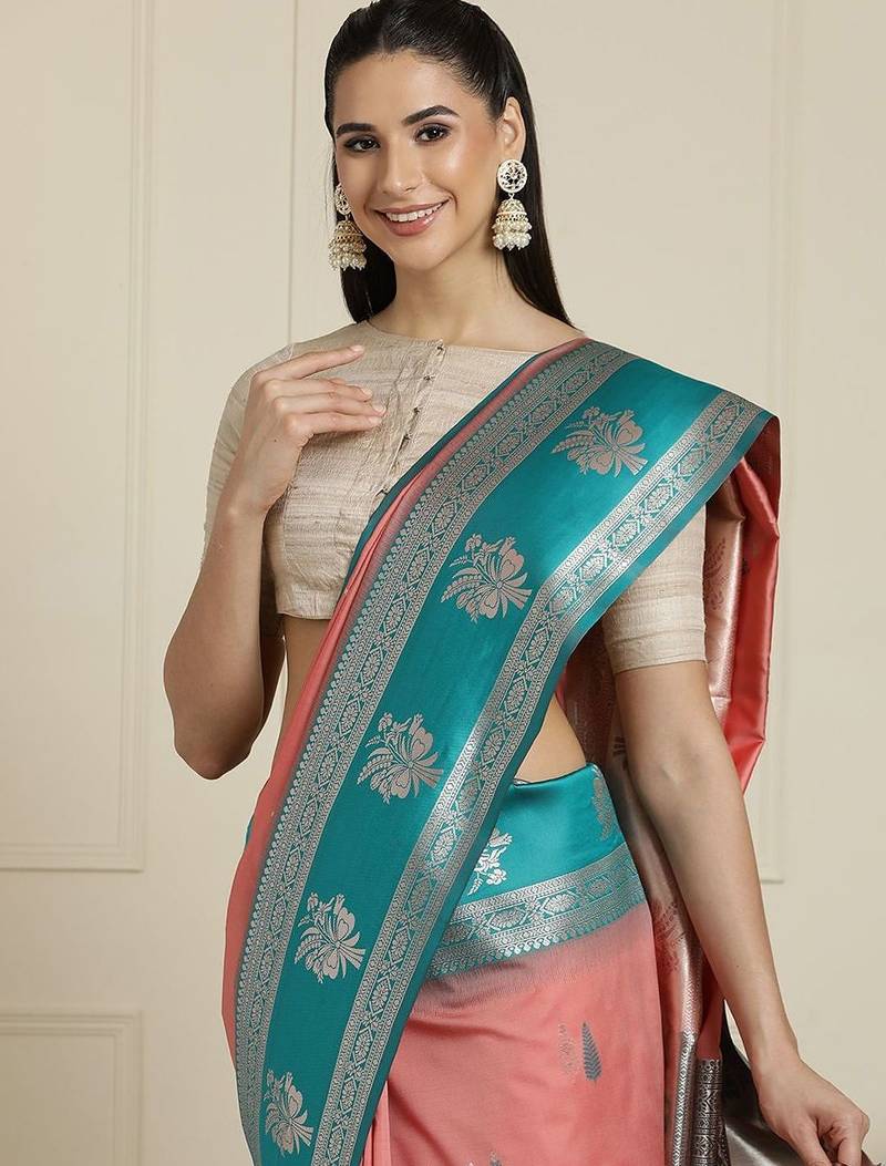 Pink ethnic motifs woven design kanjeevaram saree with blouse
