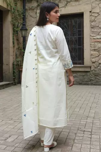 White embroidered pure cotton kurta trouser dupatta set