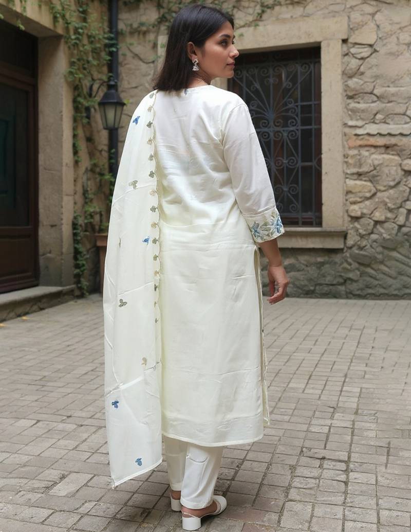 White embroidered pure cotton kurta trouser dupatta set