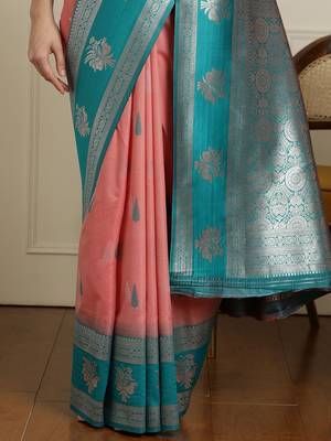 Pink ethnic motifs woven design kanjeevaram saree with blouse 5
