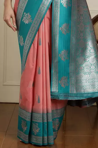 Pink ethnic motifs woven design kanjeevaram saree with blouse