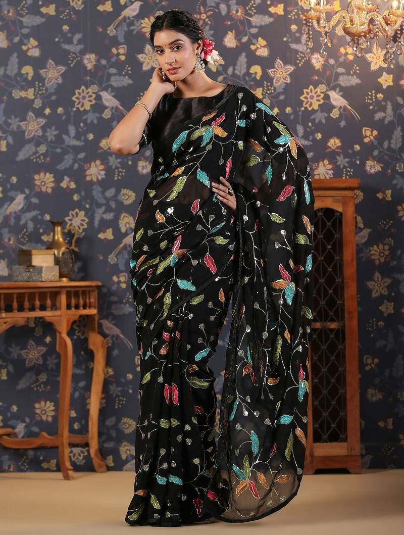 Black embroidered sequinned saree