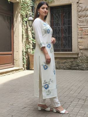 White embroidered pure cotton kurta trouser dupatta set 3