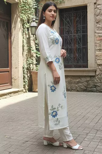 White embroidered pure cotton kurta trouser dupatta set