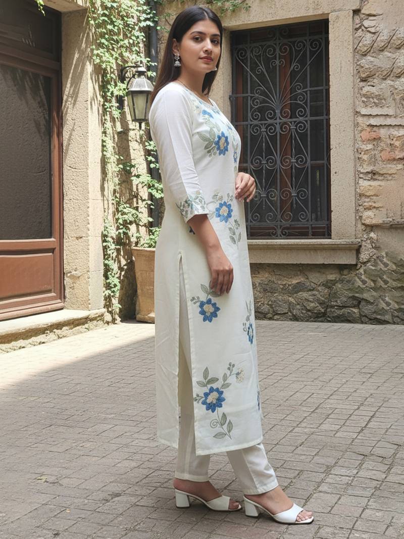 White embroidered pure cotton kurta trouser dupatta set