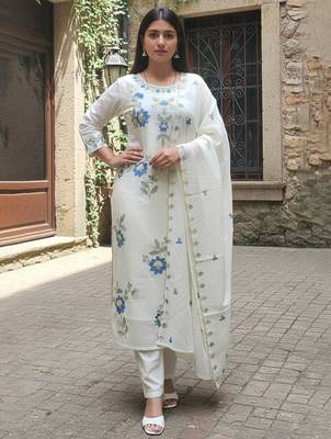 White embroidered pure cotton kurta trouser dupatta set 4