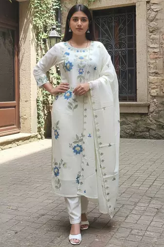 White embroidered pure cotton kurta trouser dupatta set