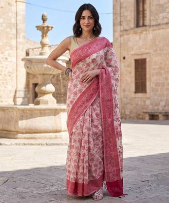 Red blended cotton woven saree with blouse 1