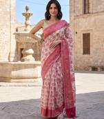 Red blended cotton woven saree with blouse