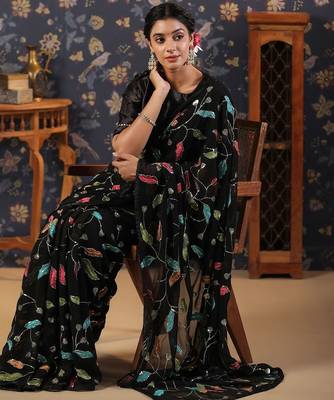 Black embroidered sequinned saree 5