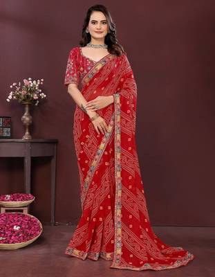 Maroon bahdhani printed designer saree with unstitched blouse 1