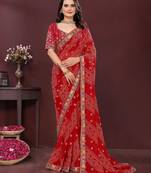 Maroon bahdhani printed designer saree with unstitched blouse
