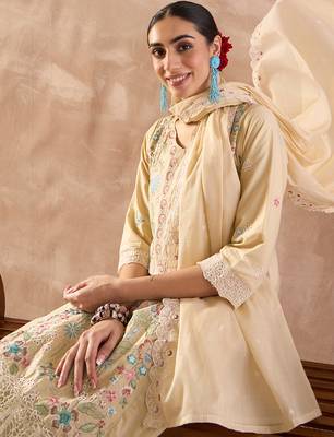 Beige embroidered pure cotton kurta trouser dupatta set 1
