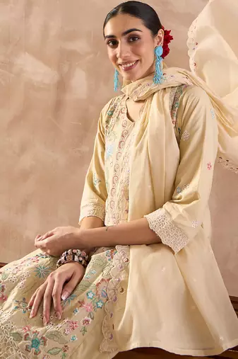 Beige embroidered pure cotton kurta trouser dupatta set