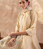 Beige embroidered pure cotton kurta trouser dupatta set