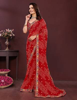 Maroon bahdhani printed designer saree with unstitched blouse 3