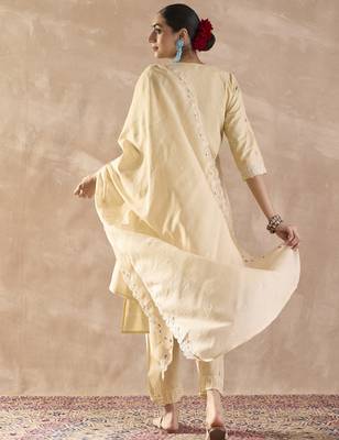 Beige embroidered pure cotton kurta trouser dupatta set 2