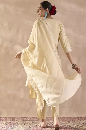 Beige embroidered pure cotton kurta trouser dupatta set