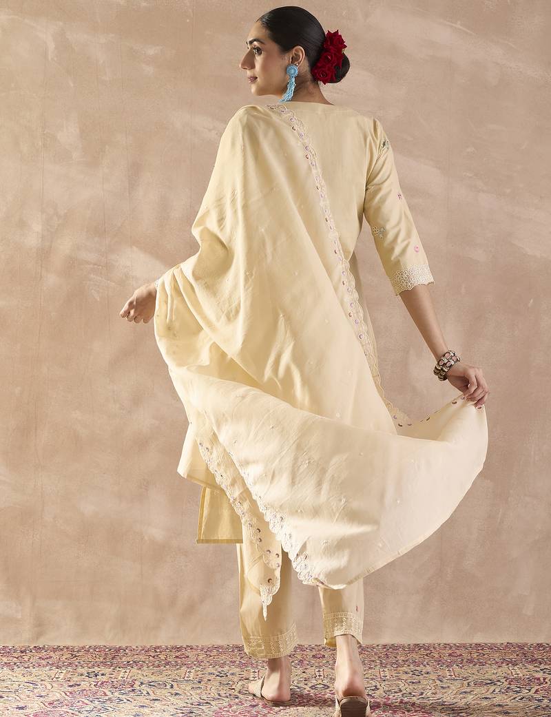 Beige embroidered pure cotton kurta trouser dupatta set