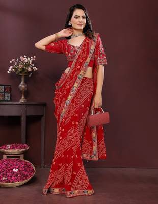 Maroon bahdhani printed designer saree with unstitched blouse 5